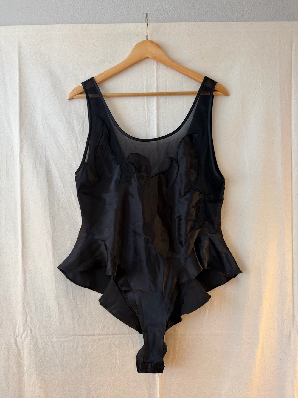 Vintage Black Sheer Mesh & Satin Appliqué  Bodysuit with Ruffle Details